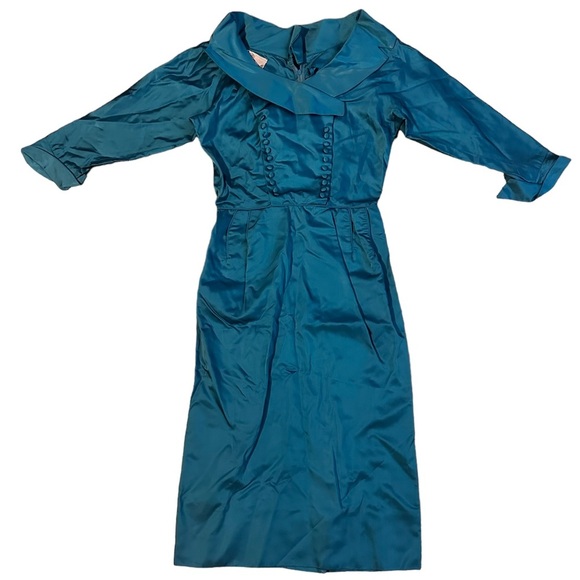 Vintage 50s Beaumelle Turquoise Midi Dress Size 14 - Picture 1 of 9